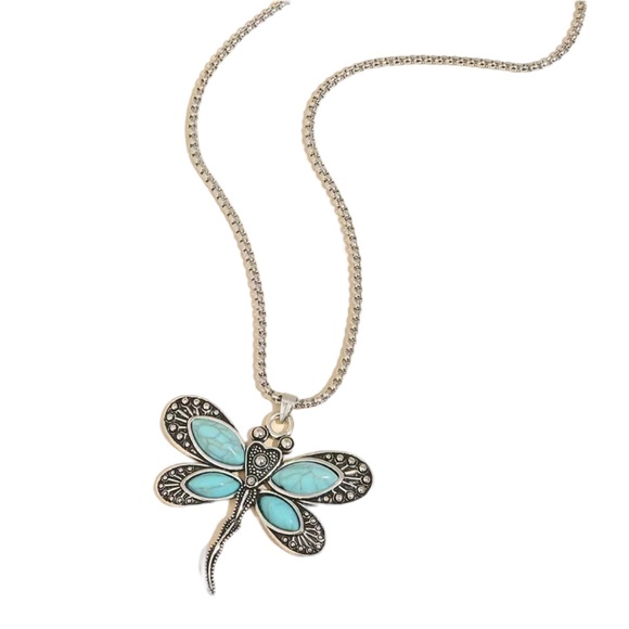 Antique Silver and Turquoise Dragonfly Pendant Necklace - Picture 3 of 6